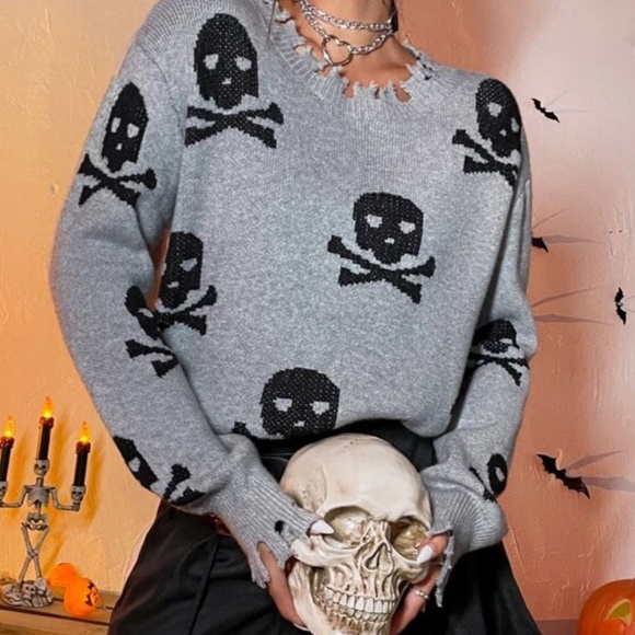 Cozy Skull Print Distressed Sweater Top - Picture 2 of 4